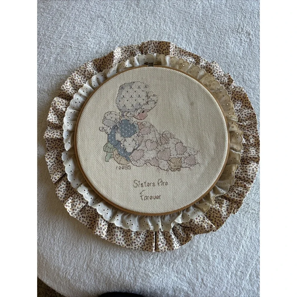 Handmade 'Sisters Are Forever' Cross-Stitch Wall Decor in Cream and Blue
